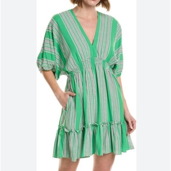 Taylor Elbow Sleeve V-Neck Smocked Waist Stripe Print Fit and Flare Dress Green - Picture 1 of 13